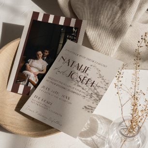 Invitación Chocolate Marrón Rayas Foto Boda Dinero Antiguo