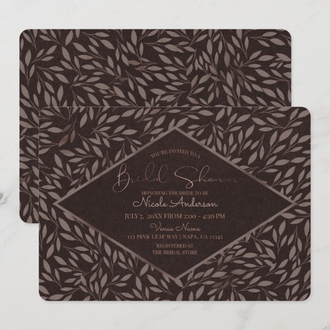 Invitación Chocolate Mauve deja ducha de novia botánica (Anverso / Reverso)
