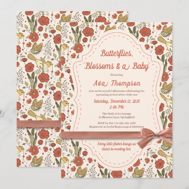 Invitación Chocolate para Baby Shower | Mariposas y Flores Po (Anverso / Reverso)