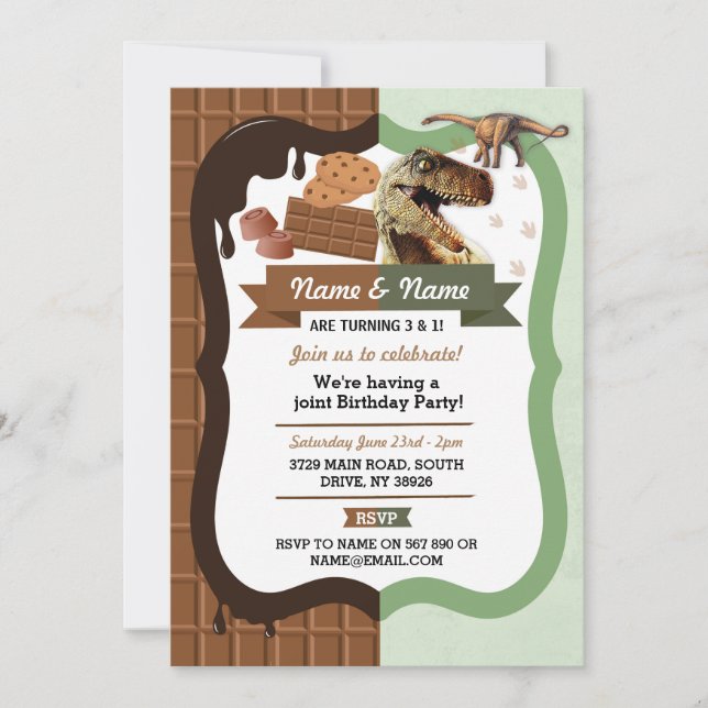 Invitación Chocolate y dinosaurio CUALQUIER EDAD cumpleaños F (Anverso)
