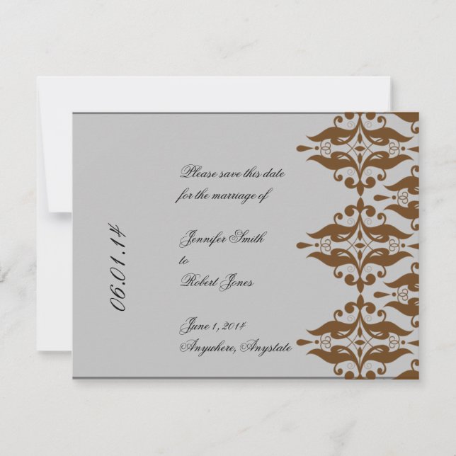 Invitación Chocolate y plata Damask Save the Date (Anverso)