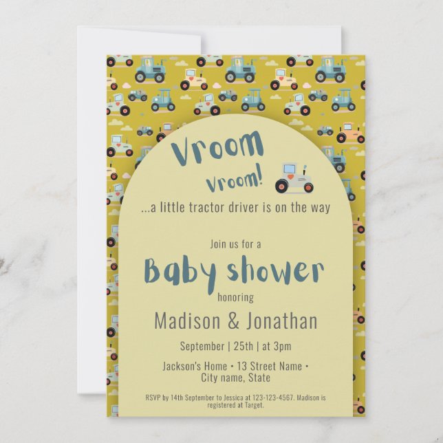 Invitación Chofer de tractores granjero ducha de bebé Invitac (Anverso)