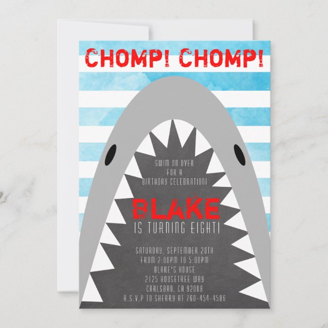 Invitación Chomp Chomp Tema del tiburón Cumpleaños Niño strip (Anverso)
