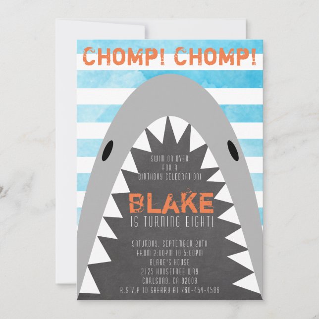 Invitación Chomp Chomp Tema del tiburón Cumpleaños Niño strip (Anverso)