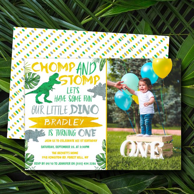 Invitación ¡Chomp y Stomp! Dinosaur Boys 1er cumpleaños Foto (Subido por el creador)