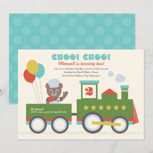 Invitación Choo Choo Train Aqua Bear Conductor Fiesta de Cump