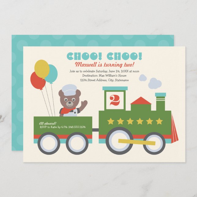 Invitación Choo Choo Train Aqua Bear Conductor Fiesta de Cump (Anverso / Reverso)