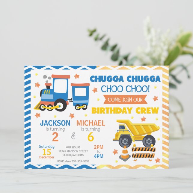 Invitación Choo Choo Train & Construction Joint Birthday (Anverso de pie)