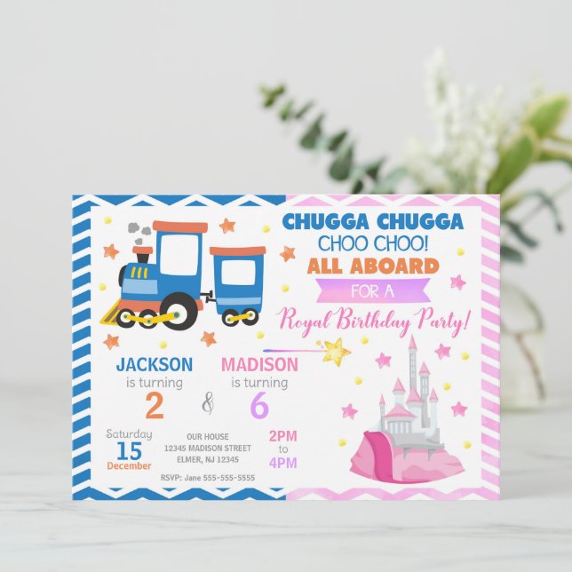 Invitación Choo Choo Train & Princess Joint Birthday (Anverso de pie)