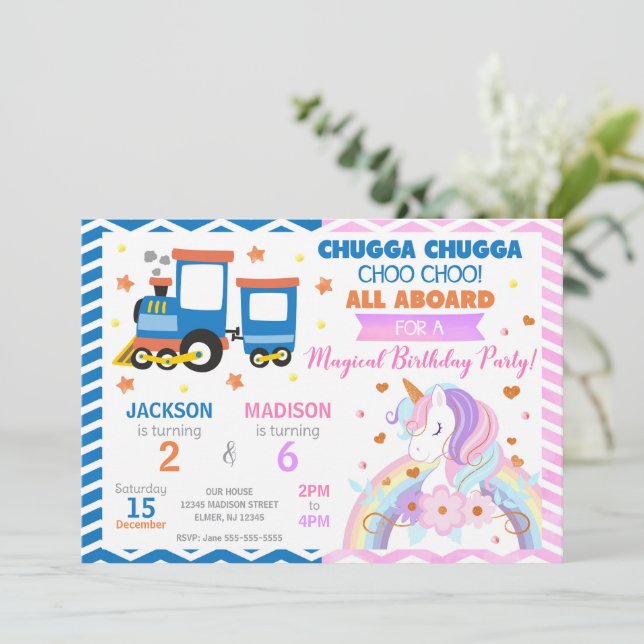 Invitación Choo Choo Train & Unicorn Joint Birthday (Anverso de pie)
