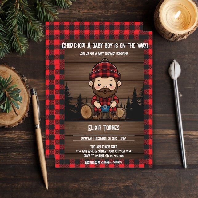 Invitación ¡Chop Chop! Rustic Lumberjack Flannel Baby Shower (Subido por el creador)