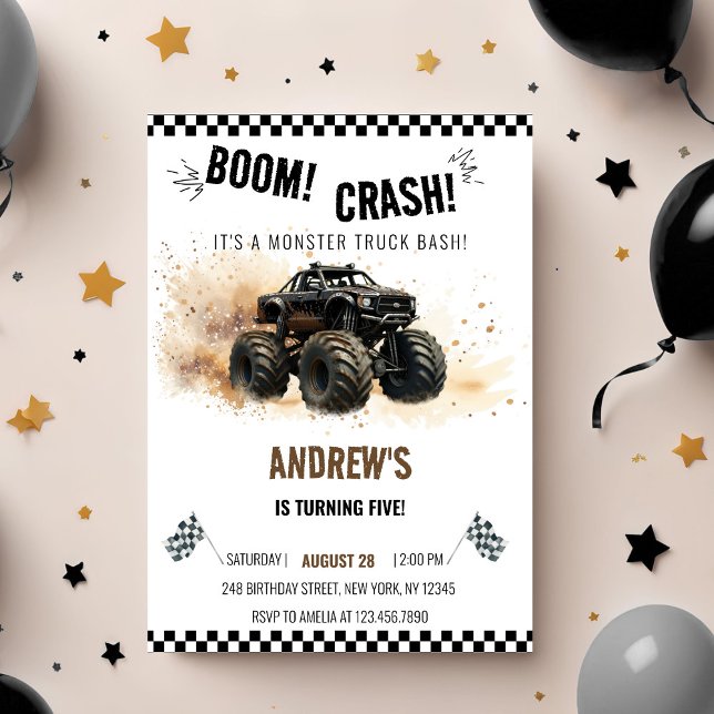 Invitación Choque de Camión Monstruo de Acuarela Negro Boom C (Subido por el creador)