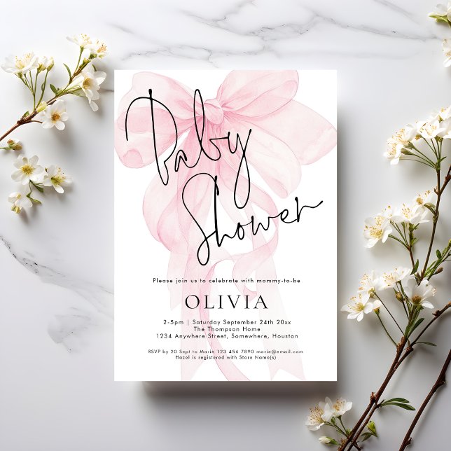 Invitación Chorreada de Bebé con Lazo Rosa Suave y Letra Mode (Subido por el creador)