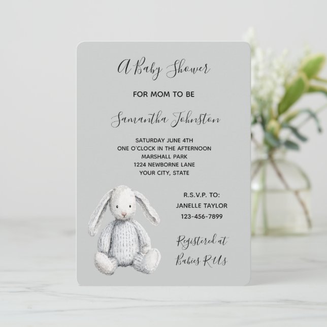 Invitación Chorreada de Bebé de Conejo Gris Lindo (Anverso de pie)