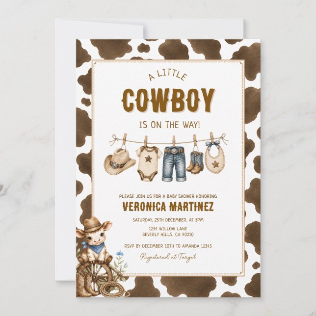 Invitación Chorreada de Bebé de Estampado de Vaca Marrón Rúst (Anverso)