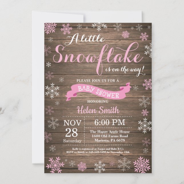 Invitación Chorreada de bebé de invierno rústica Rosa Blanco  (Anverso)