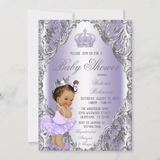 Invitación Chorreada de bebé de la Princesa Plateada Púrpura  (Anverso)