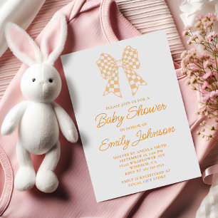 Invitación Chorreada de Bebé de Lazo de Cuadros de Melocotón