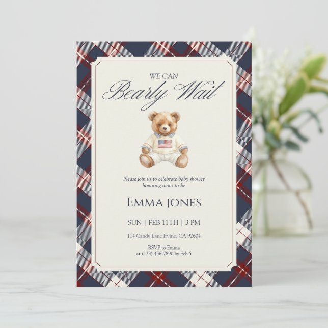 Invitación Chorreada de Bebé de Oso de Peluche a Cuadros Navy (Anverso de pie)