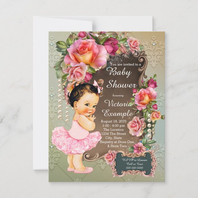Invitación Chorreada de Bebé de Rosa Perla Tutu (Anverso)