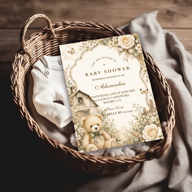 Invitación Chorreada de Bebé del Oso Teddy Rústico Atemporal (Subido por el creador)