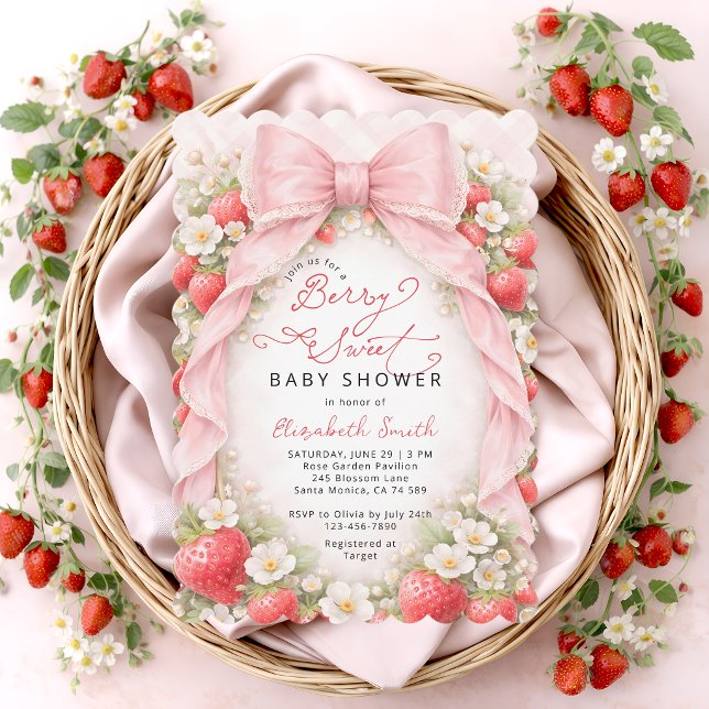 Invitación Chorreada de Bebé Dulce de Fresa con Lazo Rosa (Subido por el creador)