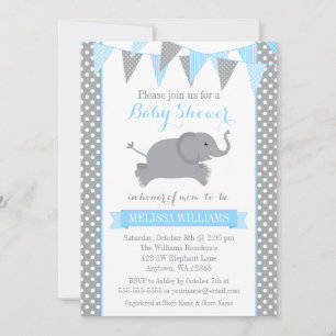 Invitación Chorreada de Bebé Elefante Gris Azul de Lunares