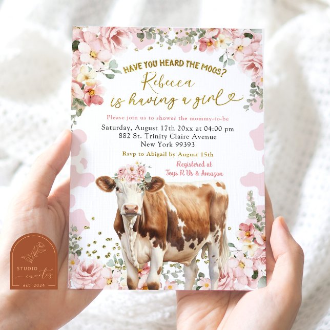 Invitación Chorreada de Bebé Niña de Granja de Vaca Floral Ro (Subido por el creador)