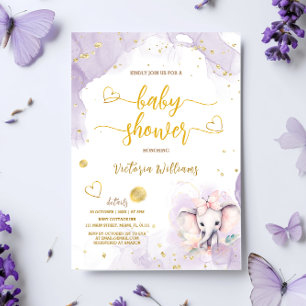 Invitación Chorreada De Bebé Niña Elefante Rosa Violeta