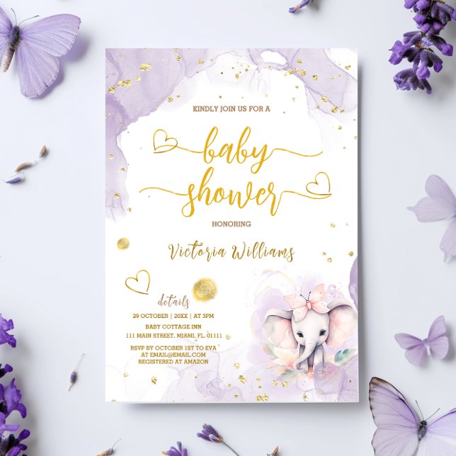 Invitación Chorreada De Bebé Niña Elefante Rosa Violeta (Subido por el creador)