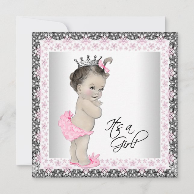 Invitación Chorreada de Bebé Niña Princesa Rosa y Plata (Anverso)