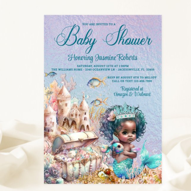 Invitación Chorreada de Bebé Princesa Sirena de Piel Oscura (Subido por el creador)