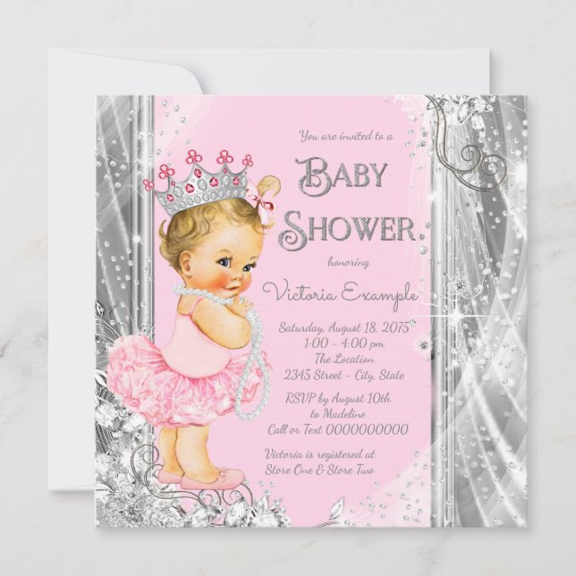 Invitación Chorreada de Bebé Princesa Tutu Rosa Plateado (Anverso)