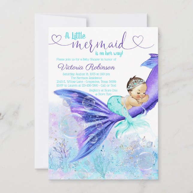 Invitación Chorreada de Bebé Sirena Morena (Anverso)