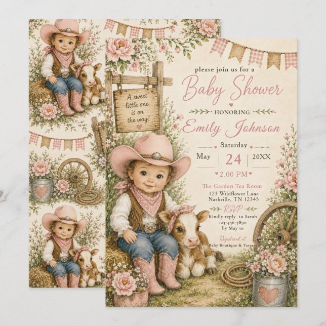 Invitación Chorreada de bebé vaquera (Anverso / Reverso)