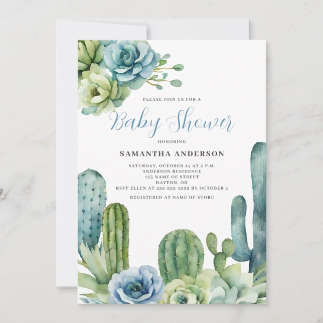 Invitación Chorreada De Cactus  Baby Shower   (Anverso)