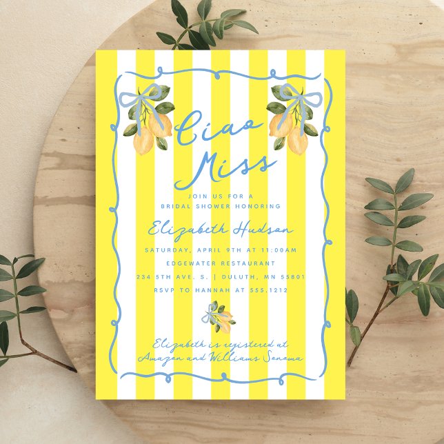 Invitación Chorreada de Despedida de Soltera de la Señorita L (Italian Ciao Miss Lemon Bridal Shower Invitation)