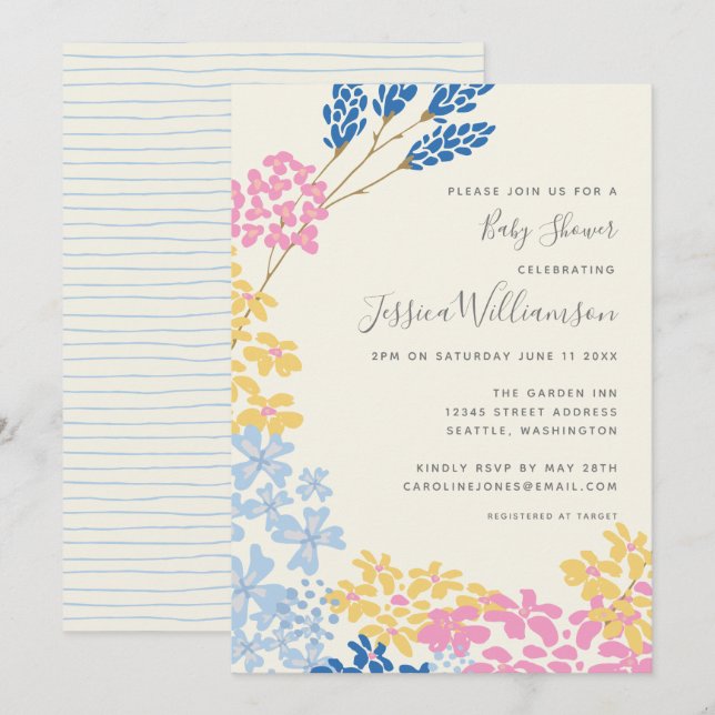 Invitación Chorreada de flores azules y amarillas de verano p (Anverso / Reverso)