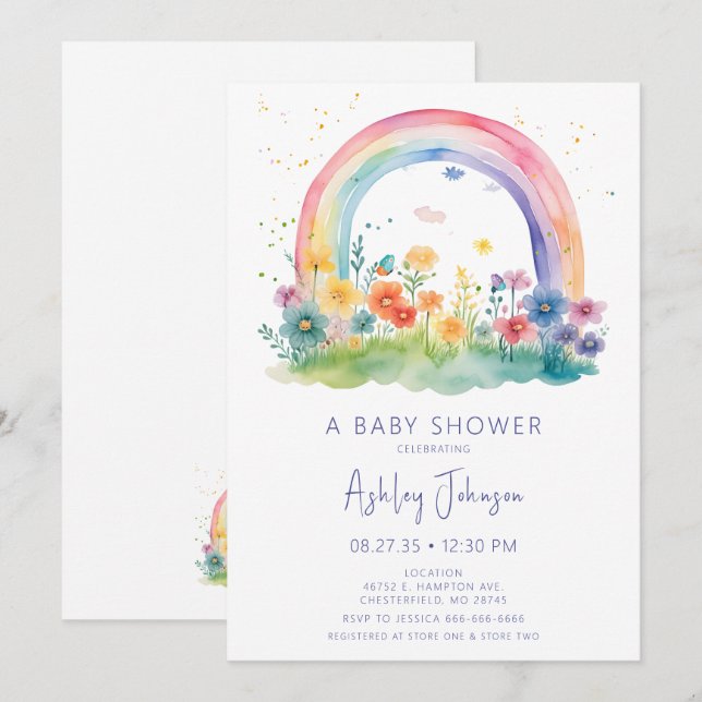 Invitación Chorreada De Flores Silvestres Arcoíris Baby Showe (Anverso / Reverso)