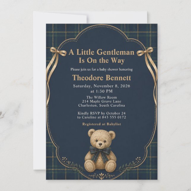 Invitación Chorreada de osito de cuadros (Anverso)
