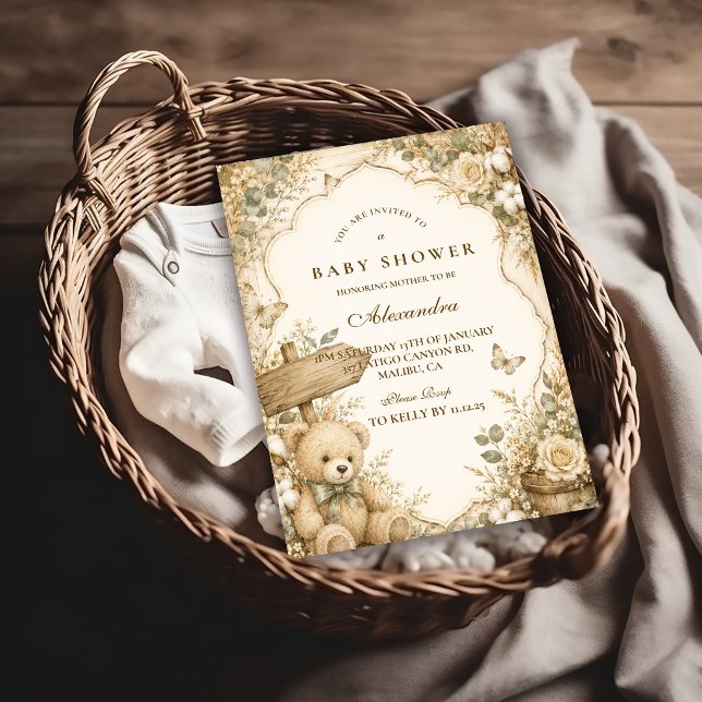 Invitación Chorreada de oso de peluche rústico para bebé (Subido por el creador)