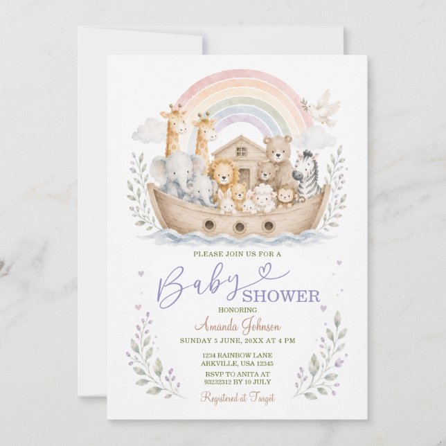 Invitación Chorreada del Arca de Noé Fiesta de Bebé Boho Neut (Anverso)
