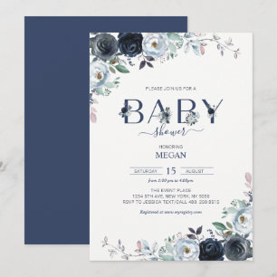 Invitación Chorreada Floral Boho Azul Marino para Baby Shower