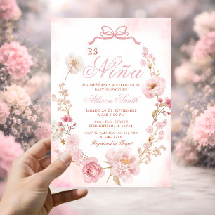 Invitación Chorreada Floral Rosa Es Nina Fiesta de Bebé Españ