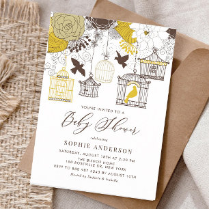 Invitación Chorreada Jaula de Pájaros Amarilla para Baby Show