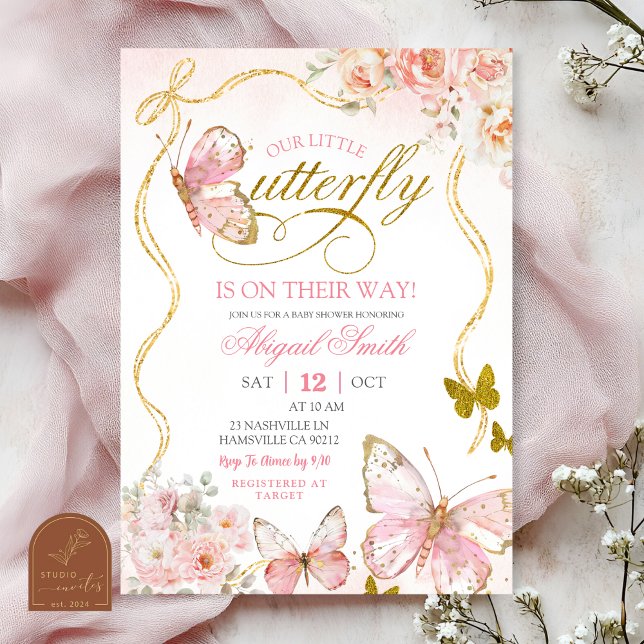 Invitación Chorreada Mariposa Rosa Baby Shower (Subido por el creador)