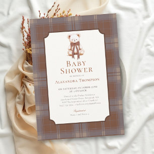 Invitación Chorreada Marrón Vintage Tartán Oso de Peluche Bab