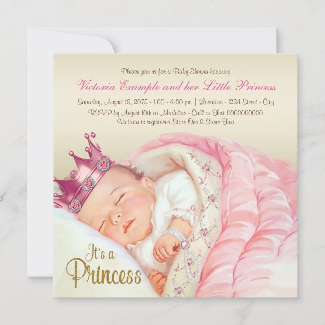 Invitación Chorreada Princesa Rosa Dorado Baby Shower (Anverso)