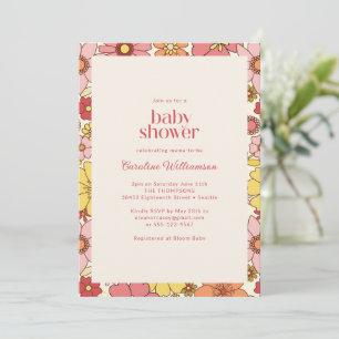 Invitación Chorreada Retro Groovy Rosa Naranja Floral Baby Sh