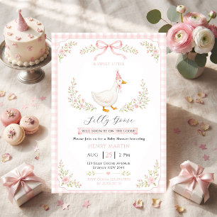 Invitación Chorreada Silly Goose Lazo Rosa Niña Baby Shower